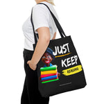 Gifts for teachers, unique teacher gifts, black students, black teachers, Just Keep Reading Tote Bag