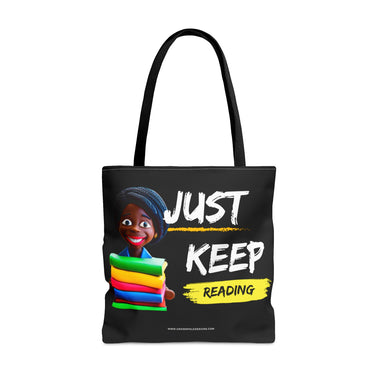 Gifts for teachers, unique teacher gifts, black students, black teachers, Just Keep Reading Tote Bag